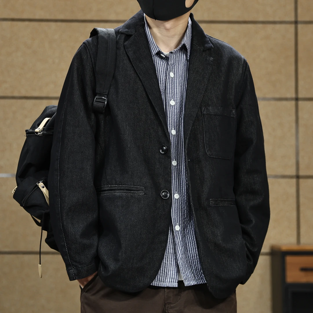 高端轻熟风痞帅平驳领牛仔西装男士春秋季新款宽松休闲西服外套男