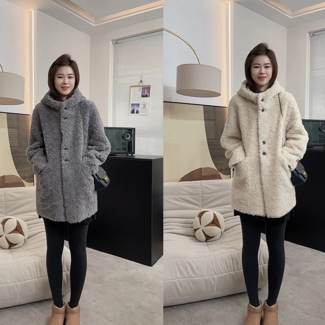 【米可家】年货款100全羊毛连帽中长款大衣19986