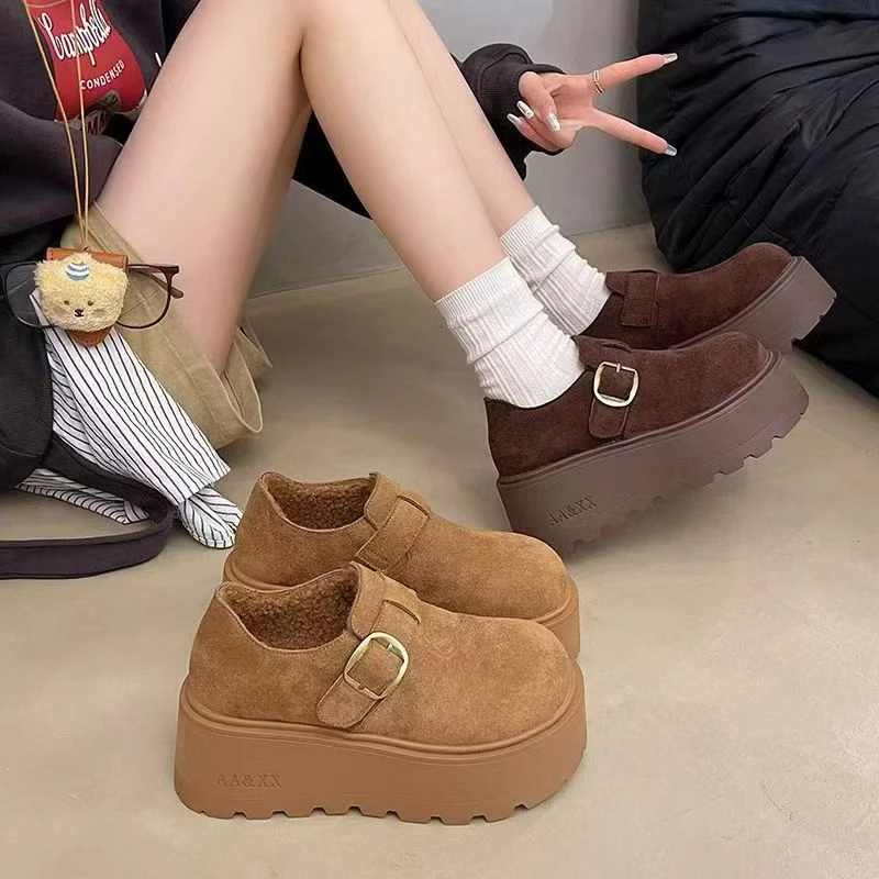 厚底7公分真皮加绒金属扣女款百搭防滑一脚蹬勃肯鞋