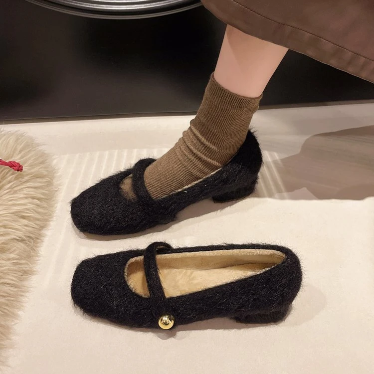 法式粗跟毛毛鞋女外穿2025新款秋冬晚风加绒玛丽珍鞋气质奶奶棉鞋
