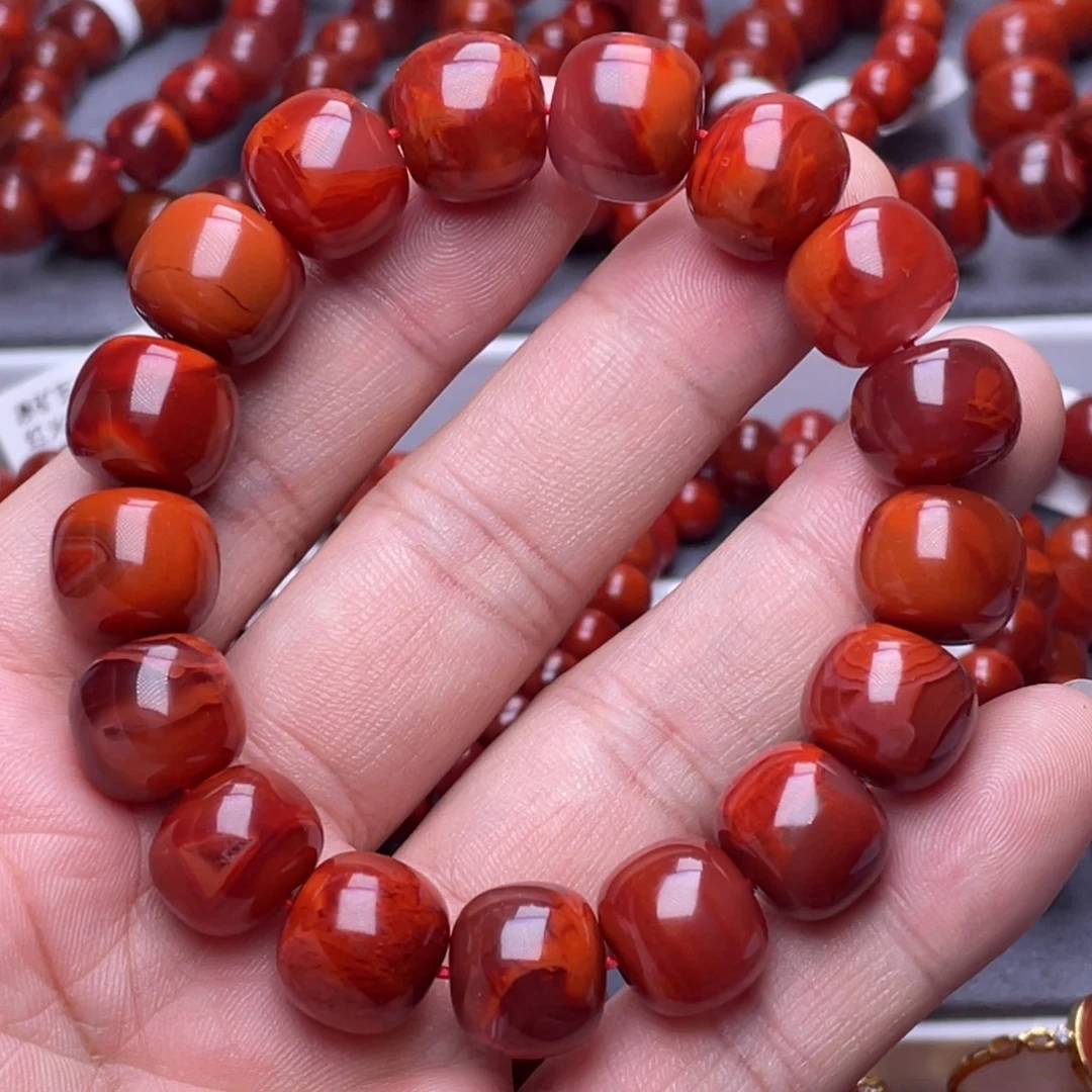青****南红玛瑙未镶嵌南红玉石13.5mm瓦西原矿玫瑰红火焰纹手串