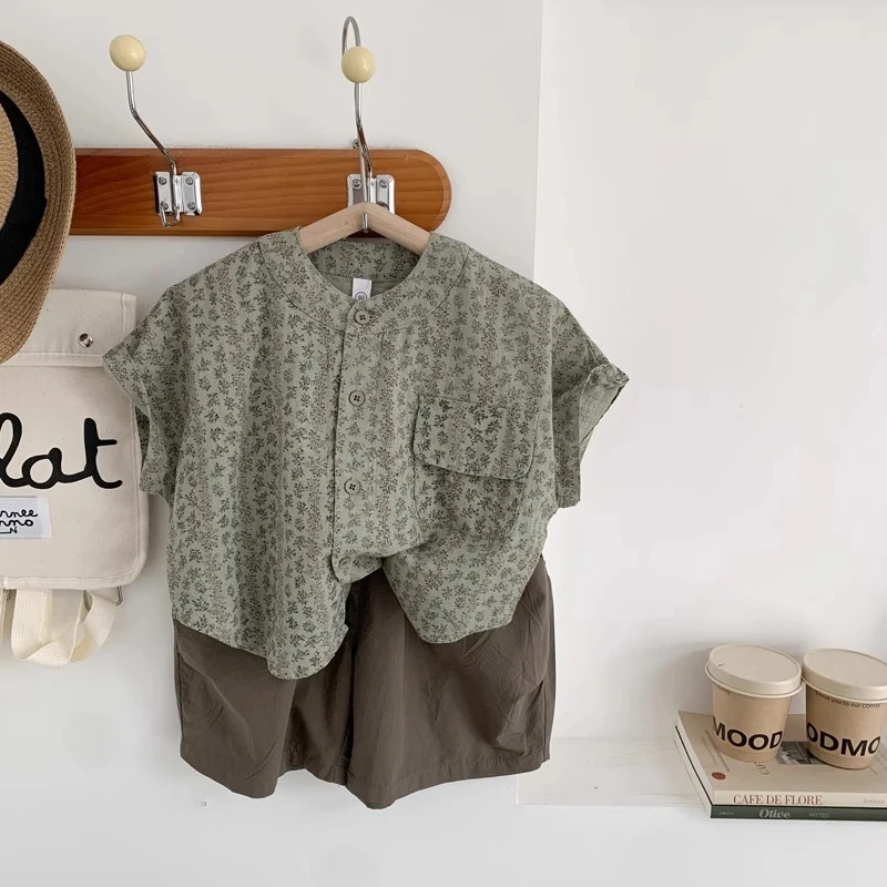 男童短袖衬衫套装2025夏季新款儿童时尚洋气纯棉两件套复古童装潮