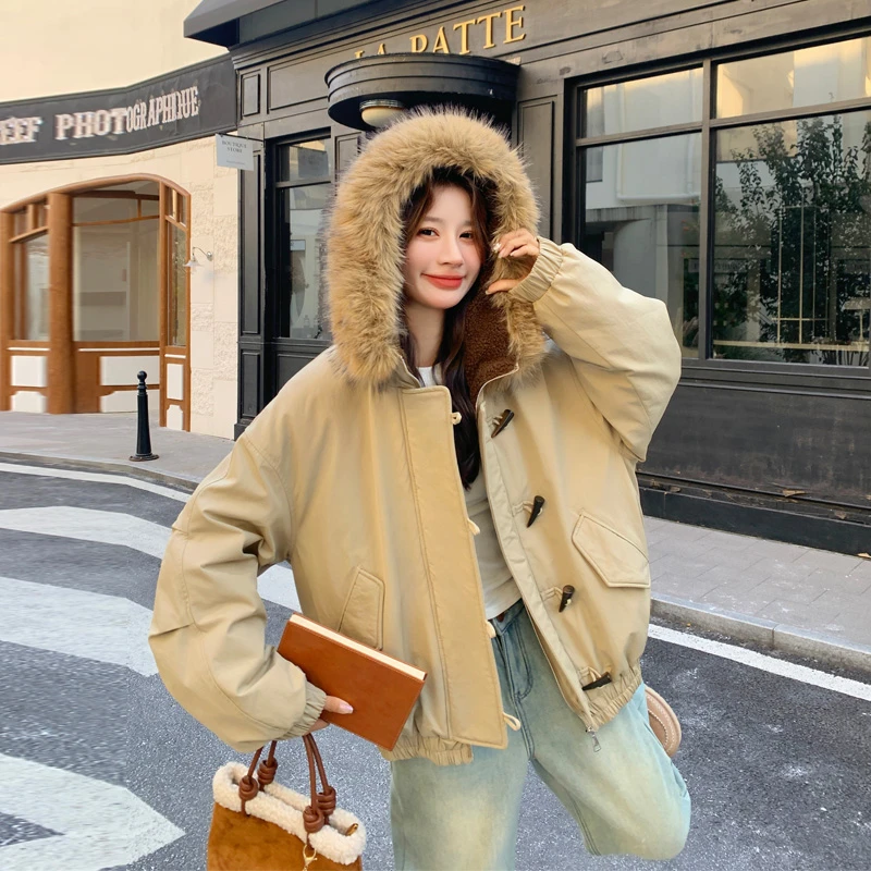 复古工装风牛角扣派克羽绒服2025冬季新款松弛感韩版ins风面包服