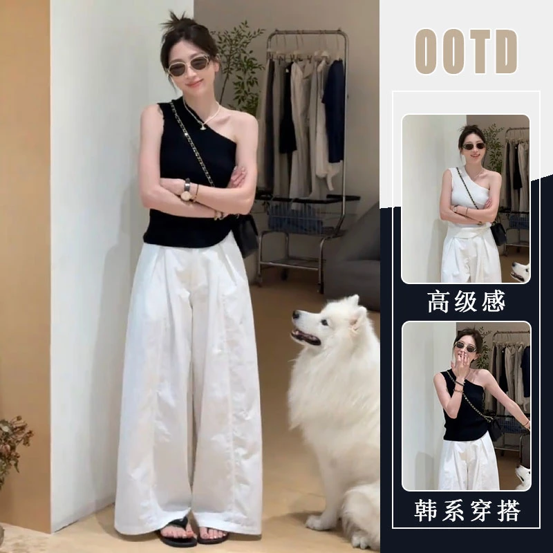 夏季爆款一整套女装2025新款韩系斜肩无袖上衣百搭阔腿裤两件套潮