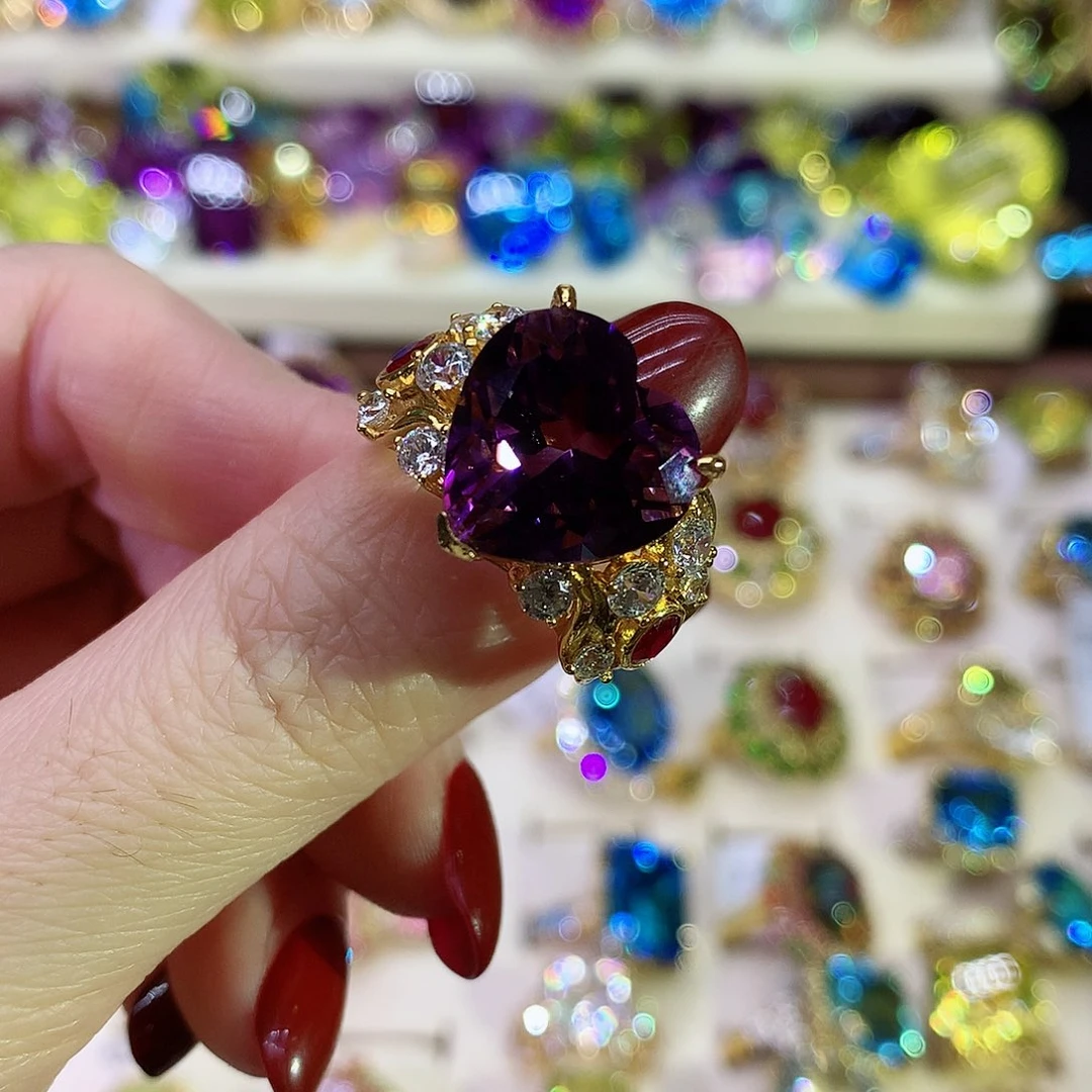 紫晶戒指银S925镀金镶嵌