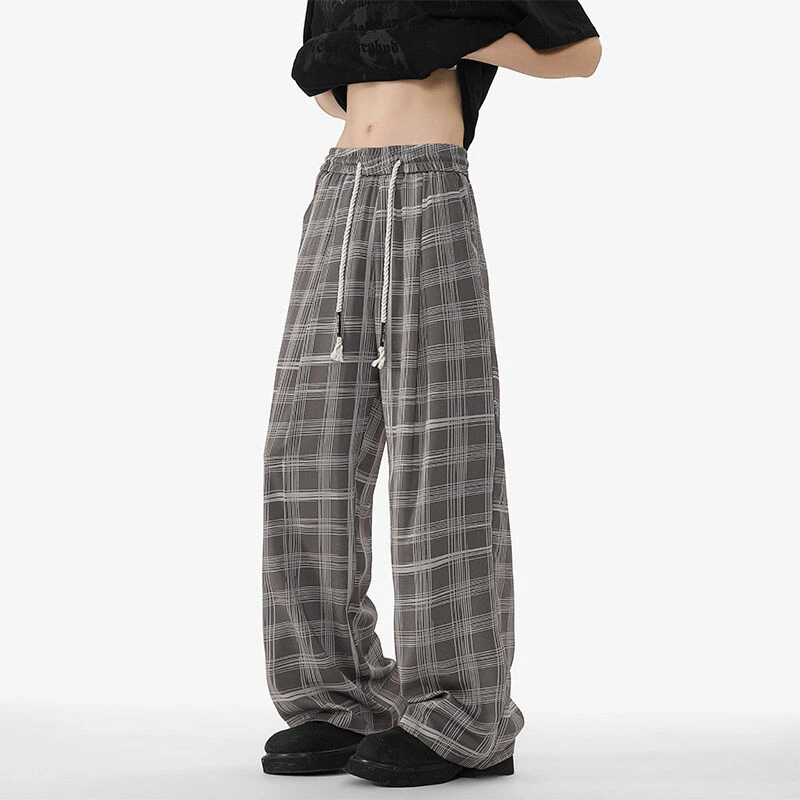 夏季撞色格子直筒裤薄款男生顺滑百搭宽松垂感潮流休闲长裤