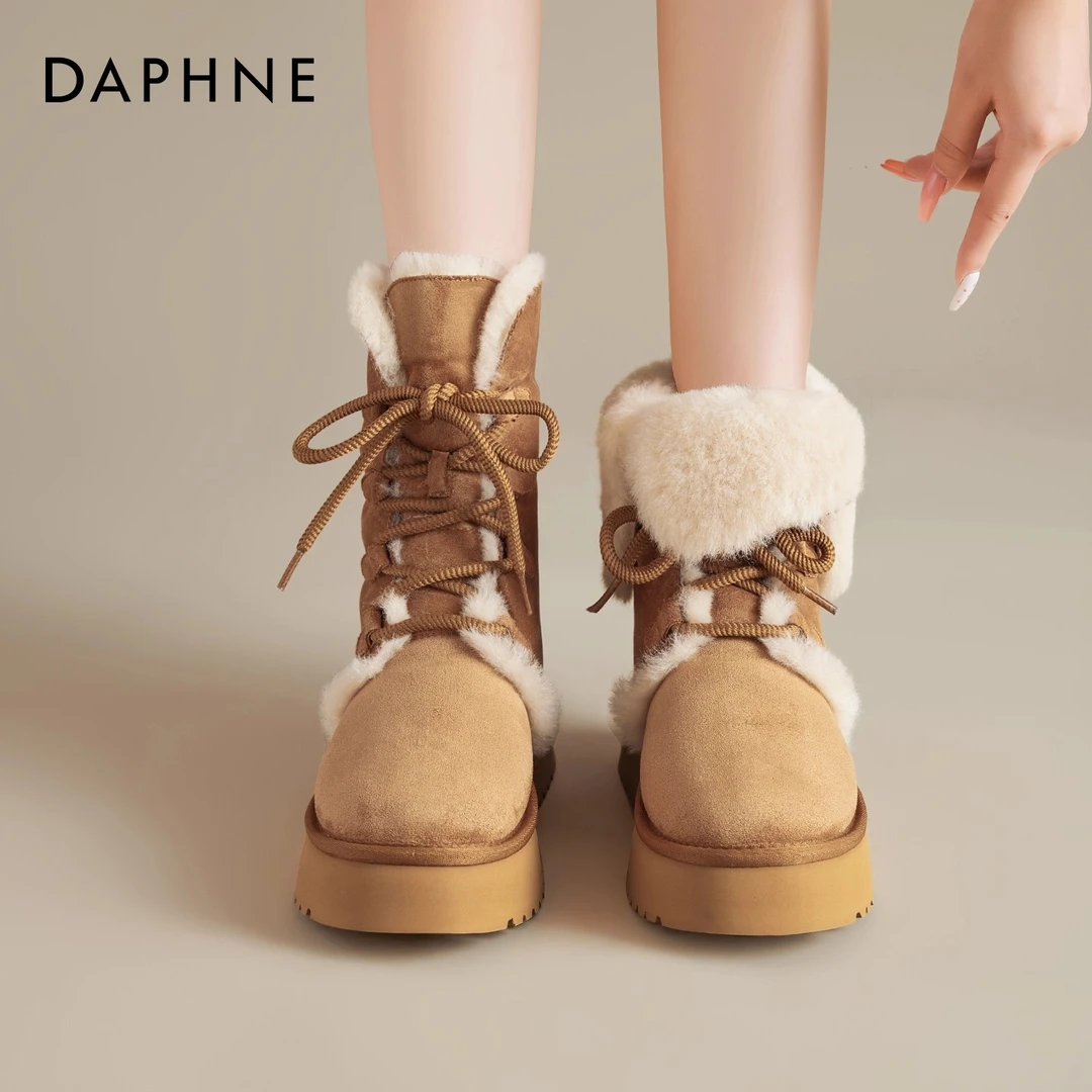 达芙妮雪地靴女2025新款秋冬加绒加厚毛毛鞋系带两穿短靴子棉鞋爆