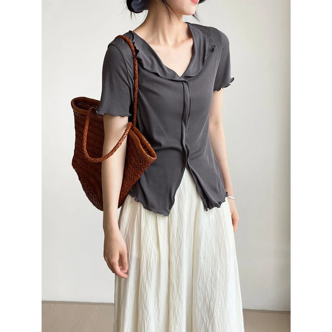 莱赛尔亲肤柔软短袖T恤女设计感木耳边V领上衣小众