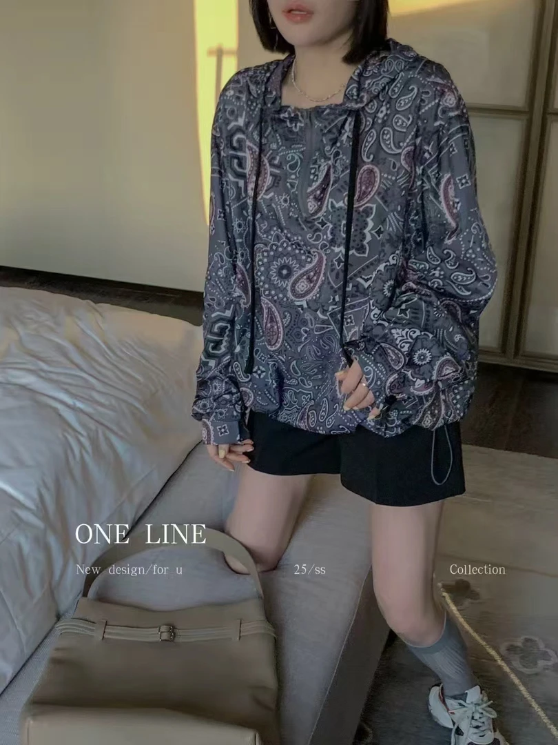 2025春夏新款欧货时尚百搭连帽抽绳半拉链套头下摆抽绳宽松外套女