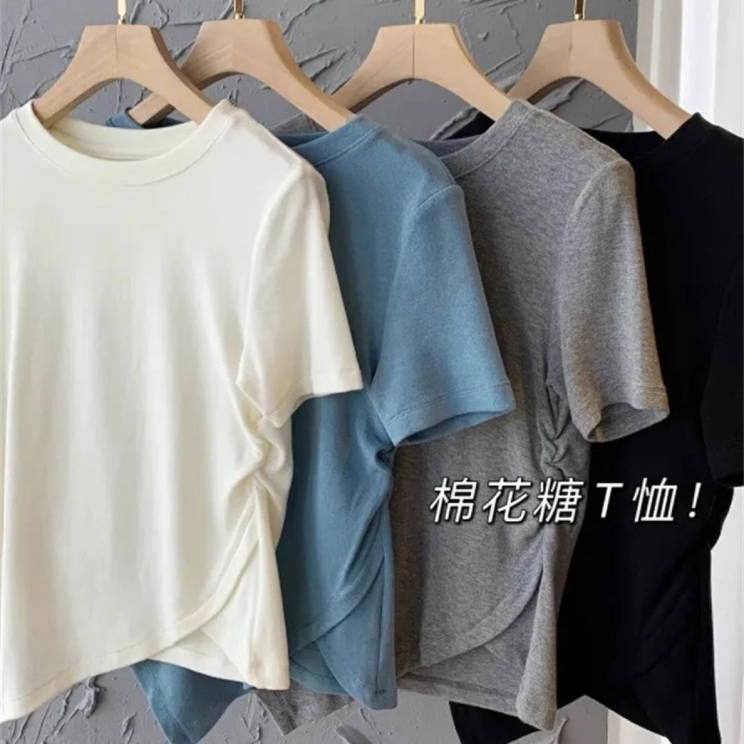 【熙小范】显瘦拼接褶皱短袖女短款冰感网纱T恤百搭开叉设计感高腰