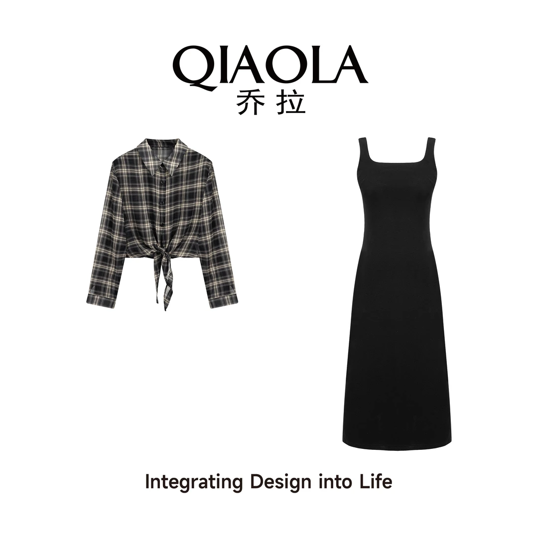 QIAOLA/乔拉【恋与心结】秋夏季格纹翻领慵懒遮肉显瘦时尚套装预售