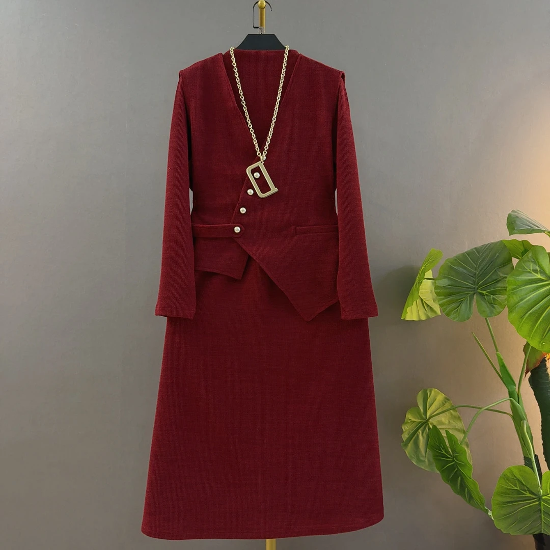 法式时尚半高领净版中长款长袖连衣裙不规则马甲宽松大码女俩件套