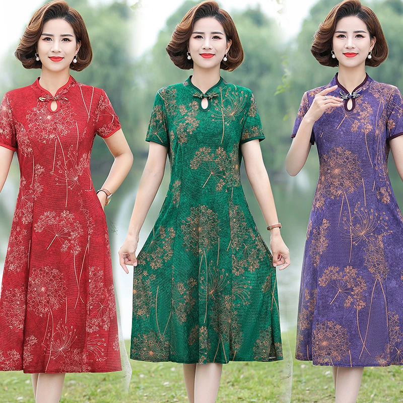 妈妈装夏季新款中长款连衣裙2025阔太太时尚改良旗袍裙子宽松遮肚