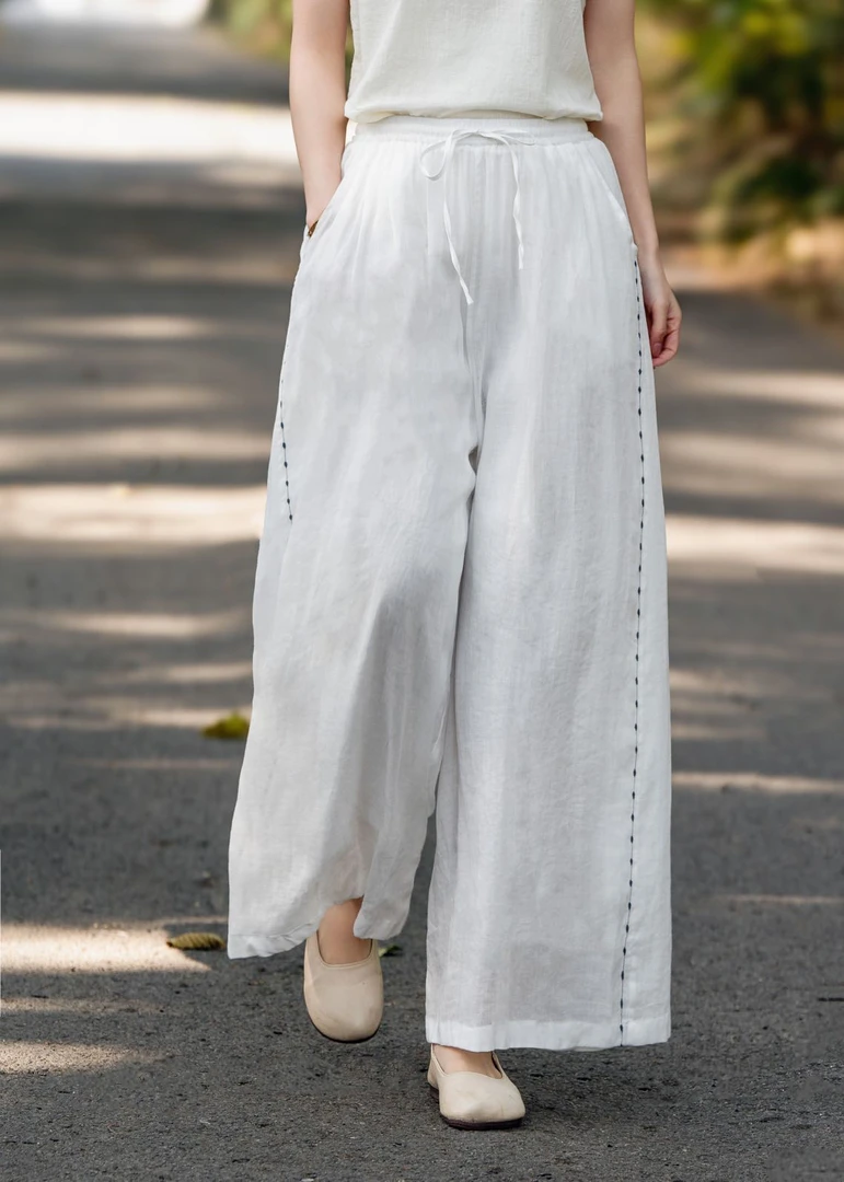 8633新款文艺简约气质阔腿裤苎麻显瘦透气裤裙修腿型长裤