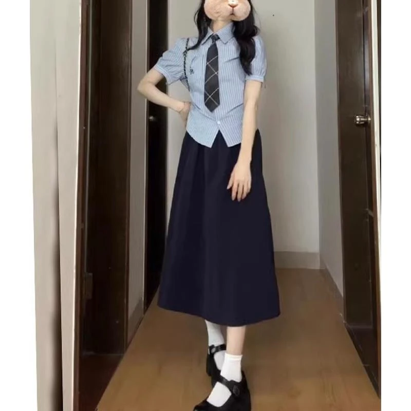 日系藏青色半身裙女夏季小个子短款裙子学院风棉布A字高个子长裙