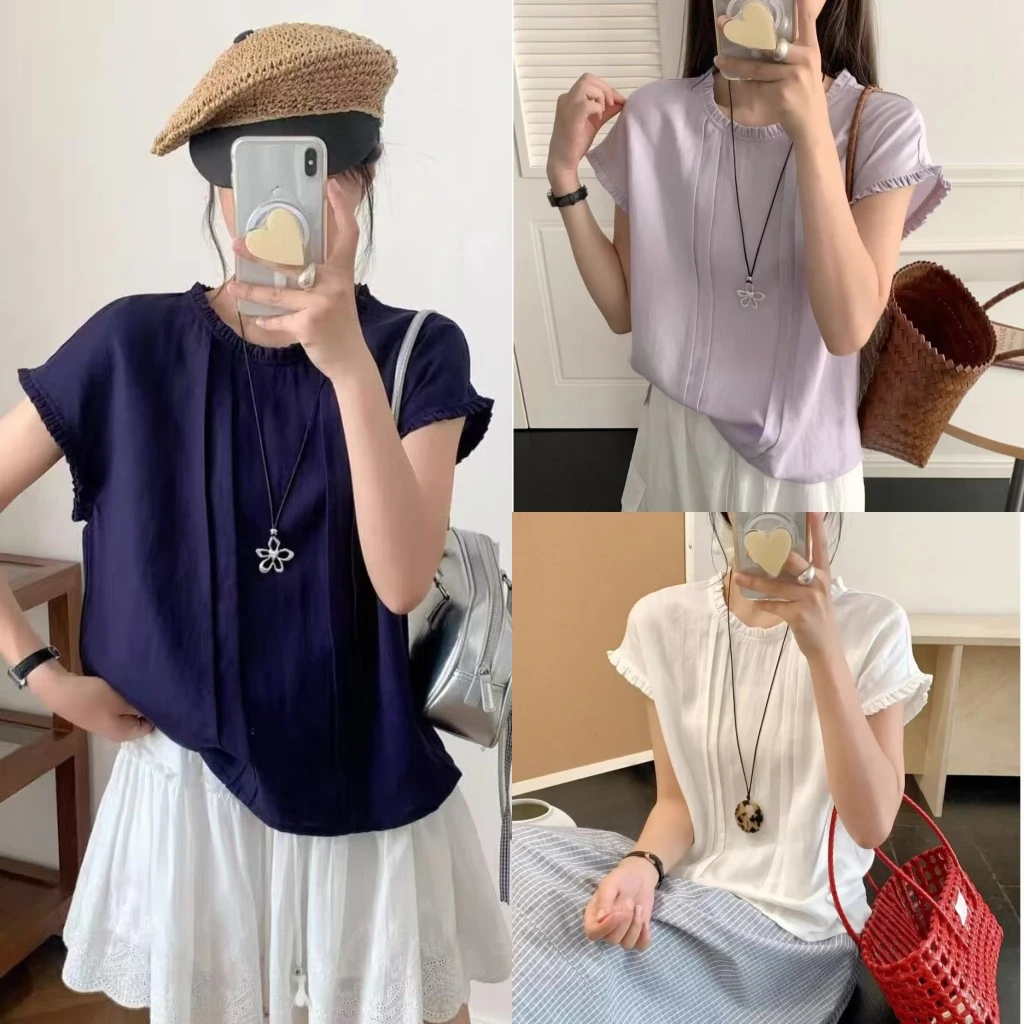 大码胖mm设计感减龄花边短袖衬衫女夏薄款透气舒适百搭显瘦小衫