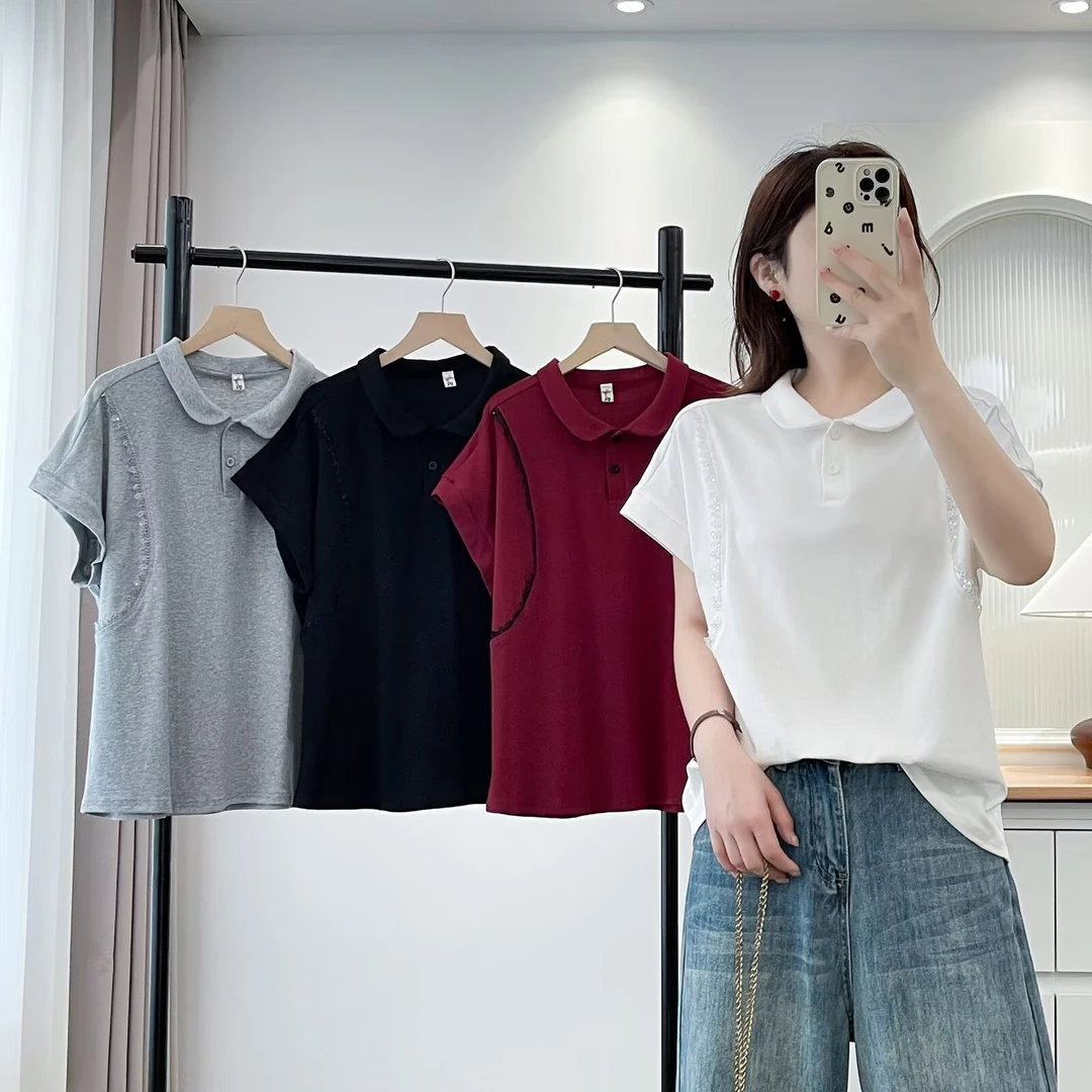 大码夏季新款时尚气质娃娃领设计感短袖T恤069