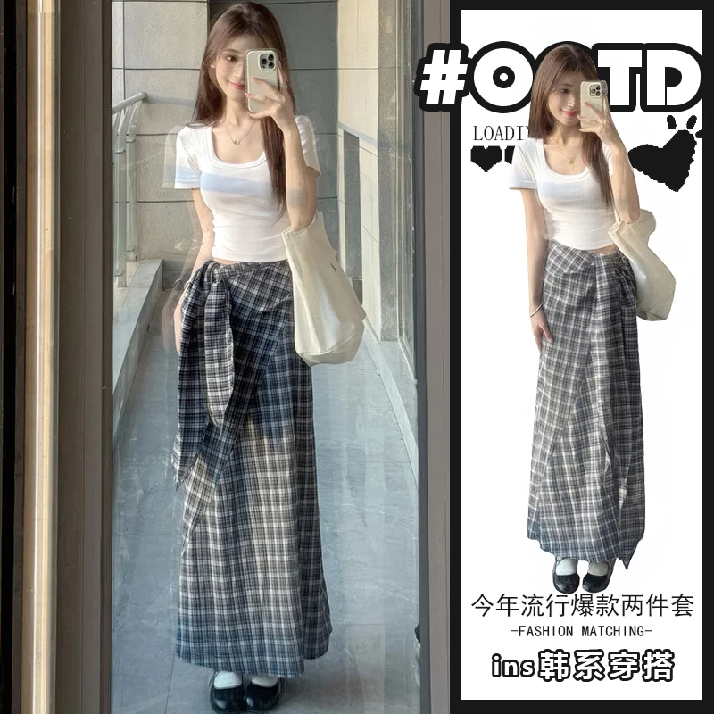 甜美小众两件套穿搭2025夏辣妹纯欲U领白色上衣不规则绑带半身裙