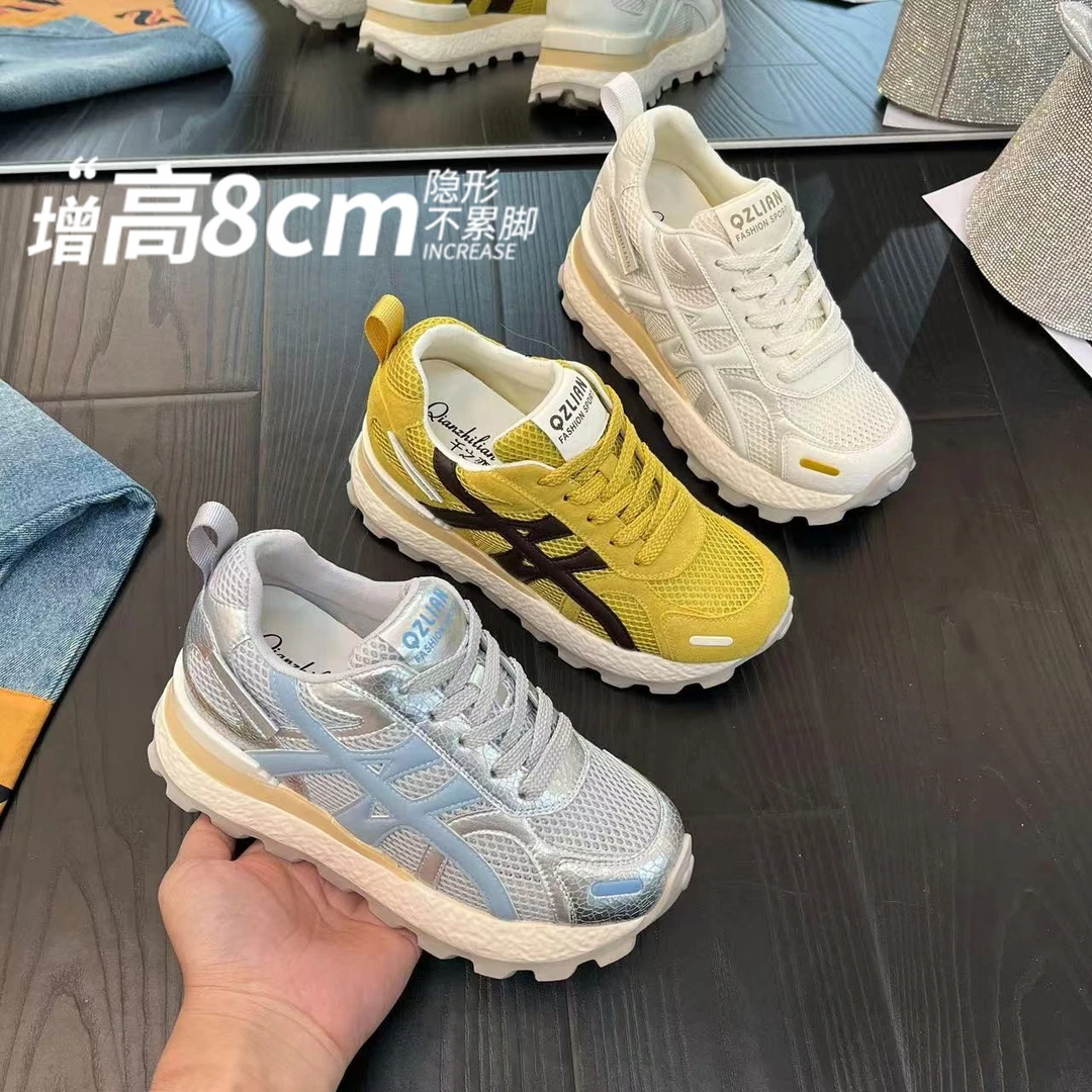 夏季不闷脚网面透气8cm阿甘鞋女2025新款厚底跑步休闲运动德训鞋