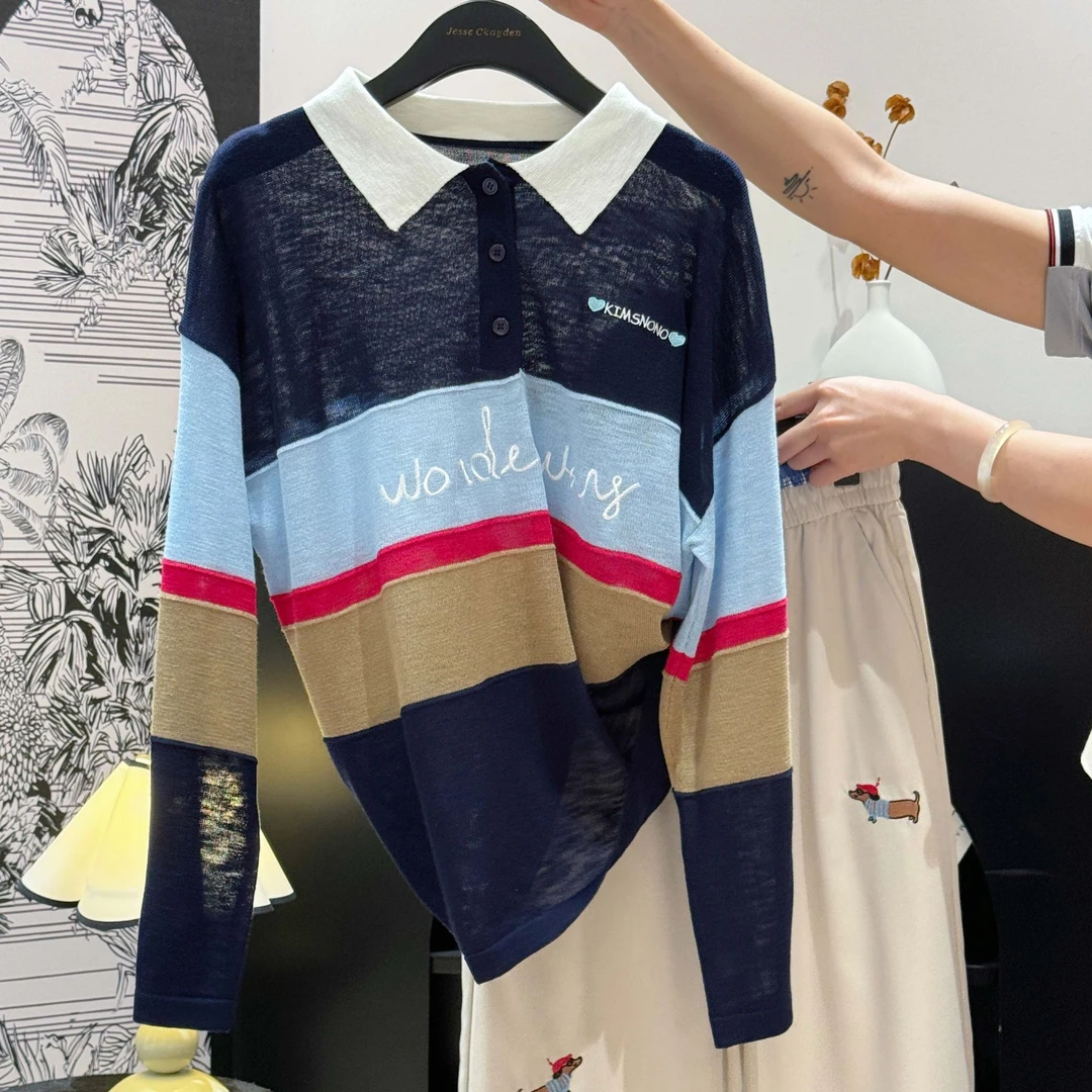 条纹夏秋冬长袖T恤宽松型休闲常规款少女风上衣DP7977