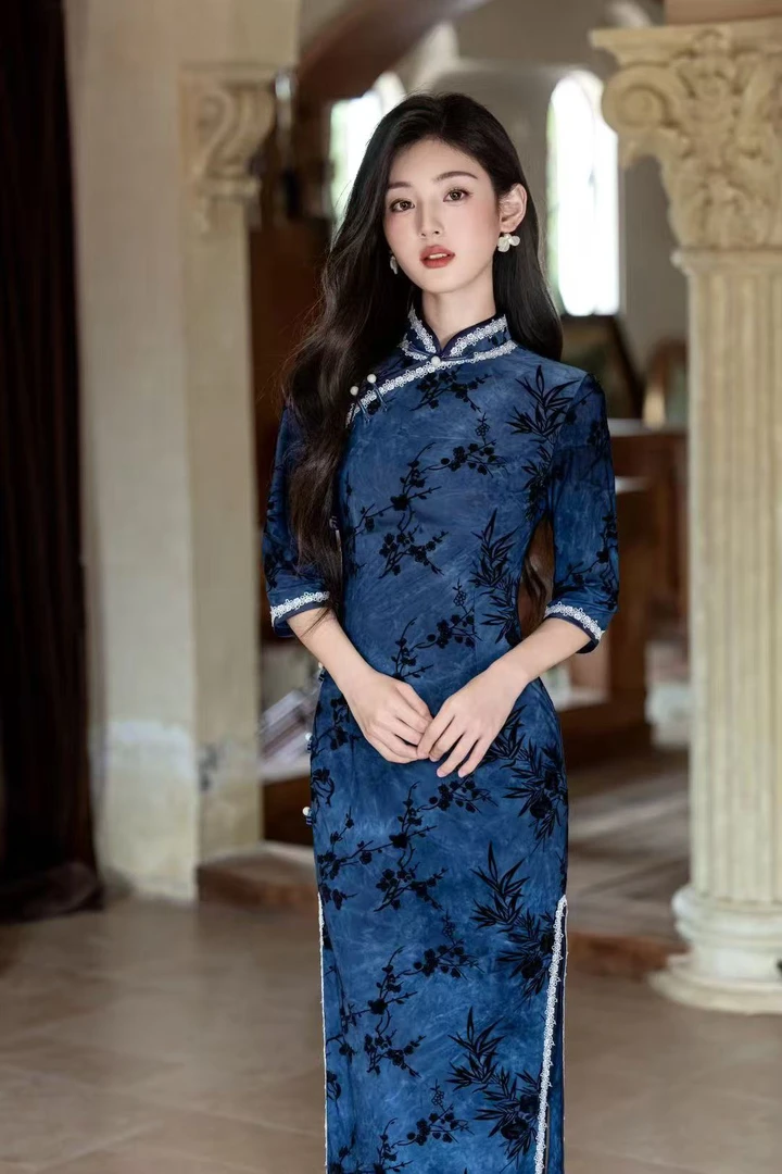 【兰香】早秋季老上海优雅复古旗袍新款新中式高端气质国风植绒