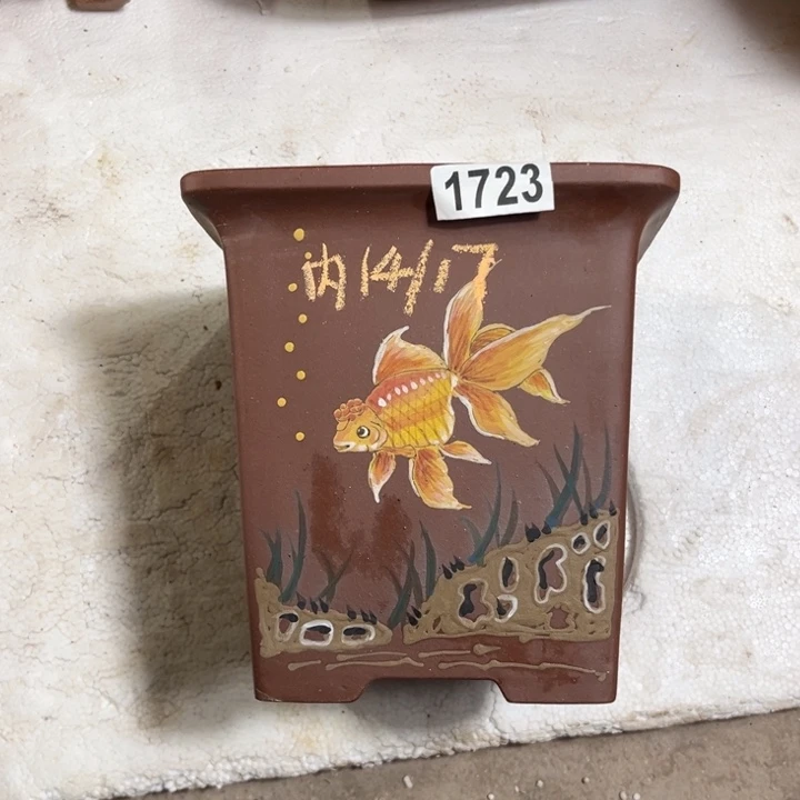 花盆紫砂 放漏紫泥彩绘金鱼四方1723