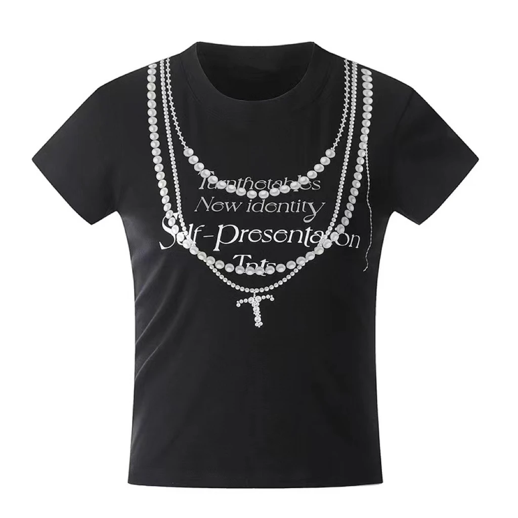 媛媛【珍珠奶茶】珍珠链标语印花短袖T恤宽松情侣半袖#T0711