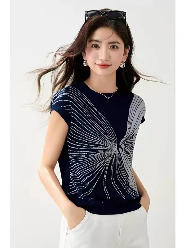 天丝小衫藏蓝色圆领中老年短袖女夏季薄款