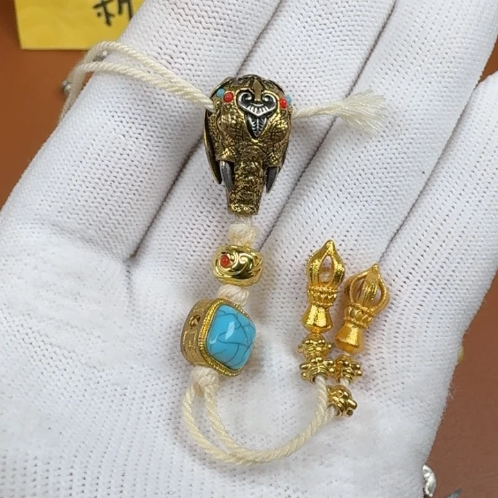合成碳硅石铜合金文玩配饰象神三通弟子珠套