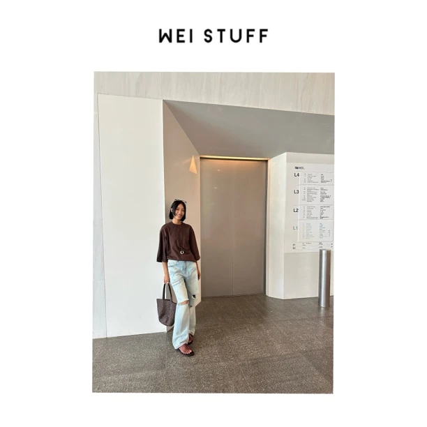 WEI STUFF 春季纯棉咖啡色舒适百搭圆领宽松五分袖T恤 8083 S