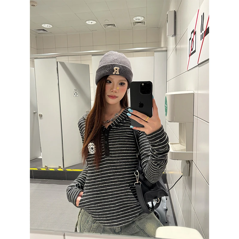 克林菲美式复古条纹连帽长袖t恤女秋设计感小众辣妹显瘦修身上衣