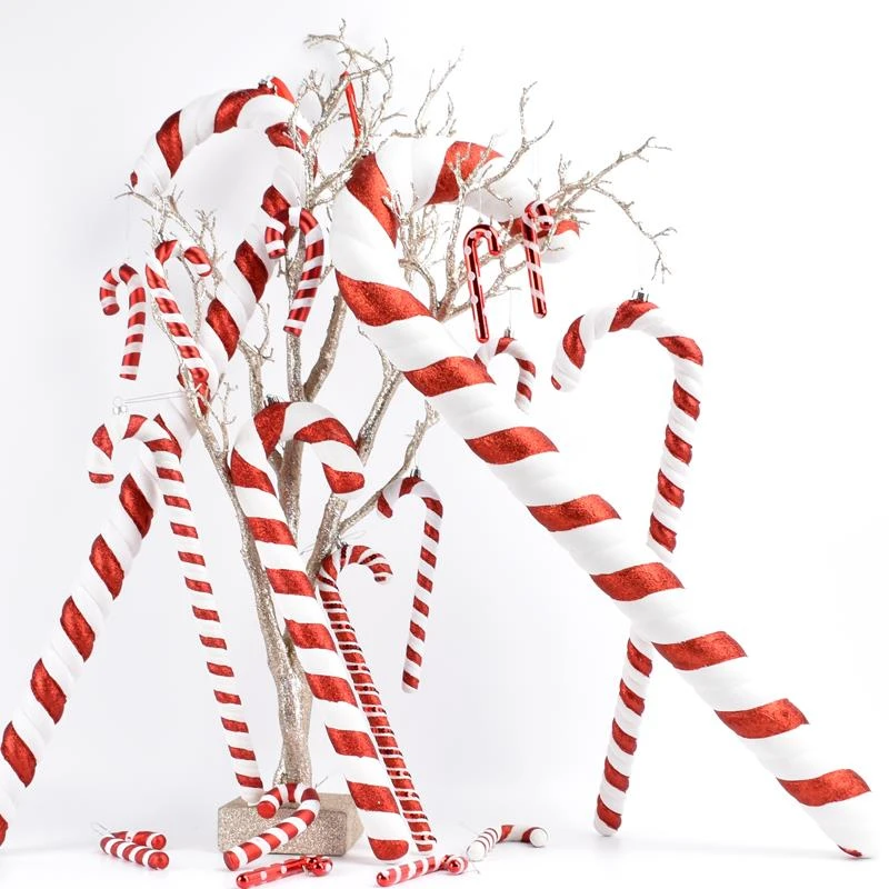 圣诞节装饰红白塑料彩绘拐杖道具舞蹈拍摄摆件圣诞树挂饰15-90CM