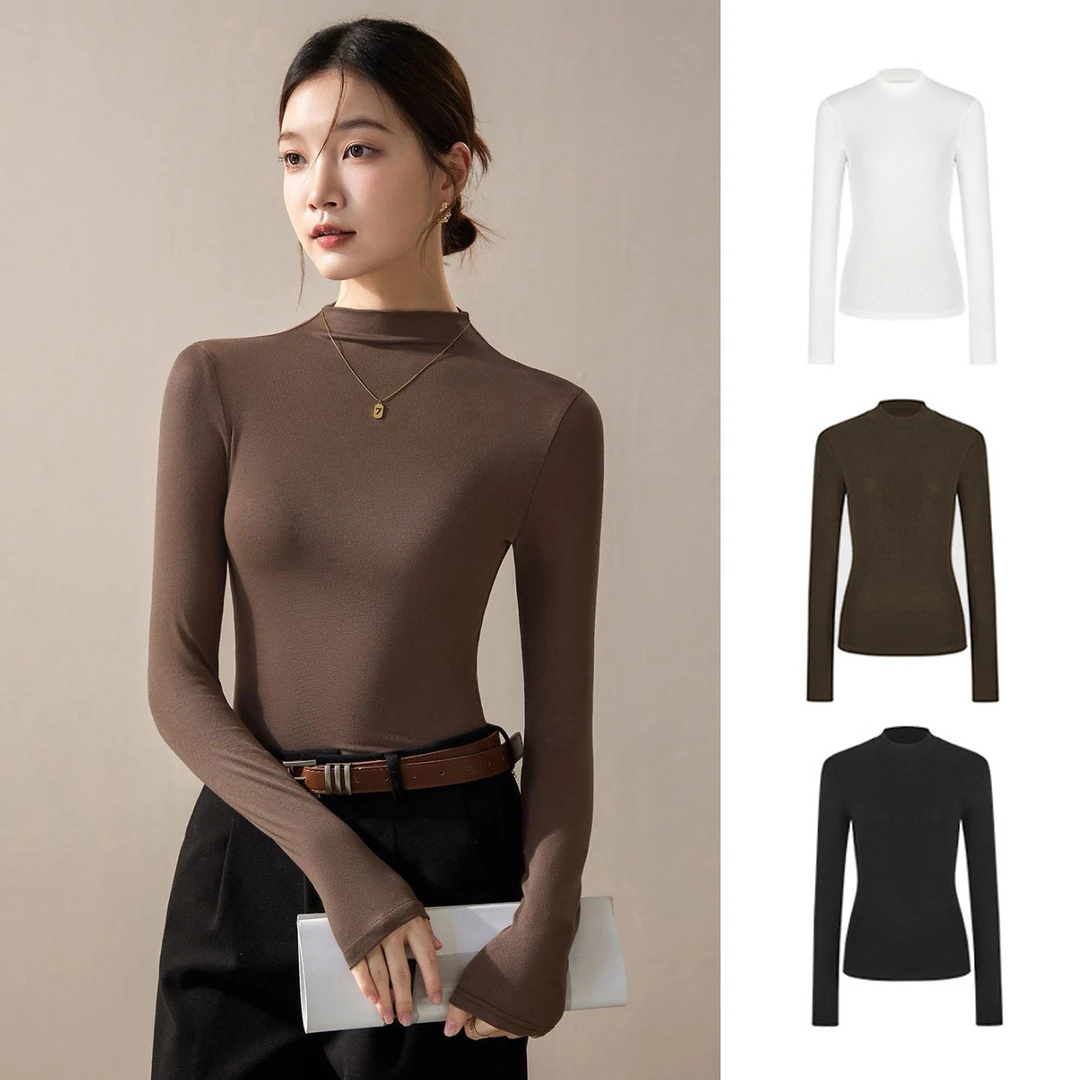 半高领一体绒长袖T恤内搭女2025早秋新款韩系休闲风打底衫