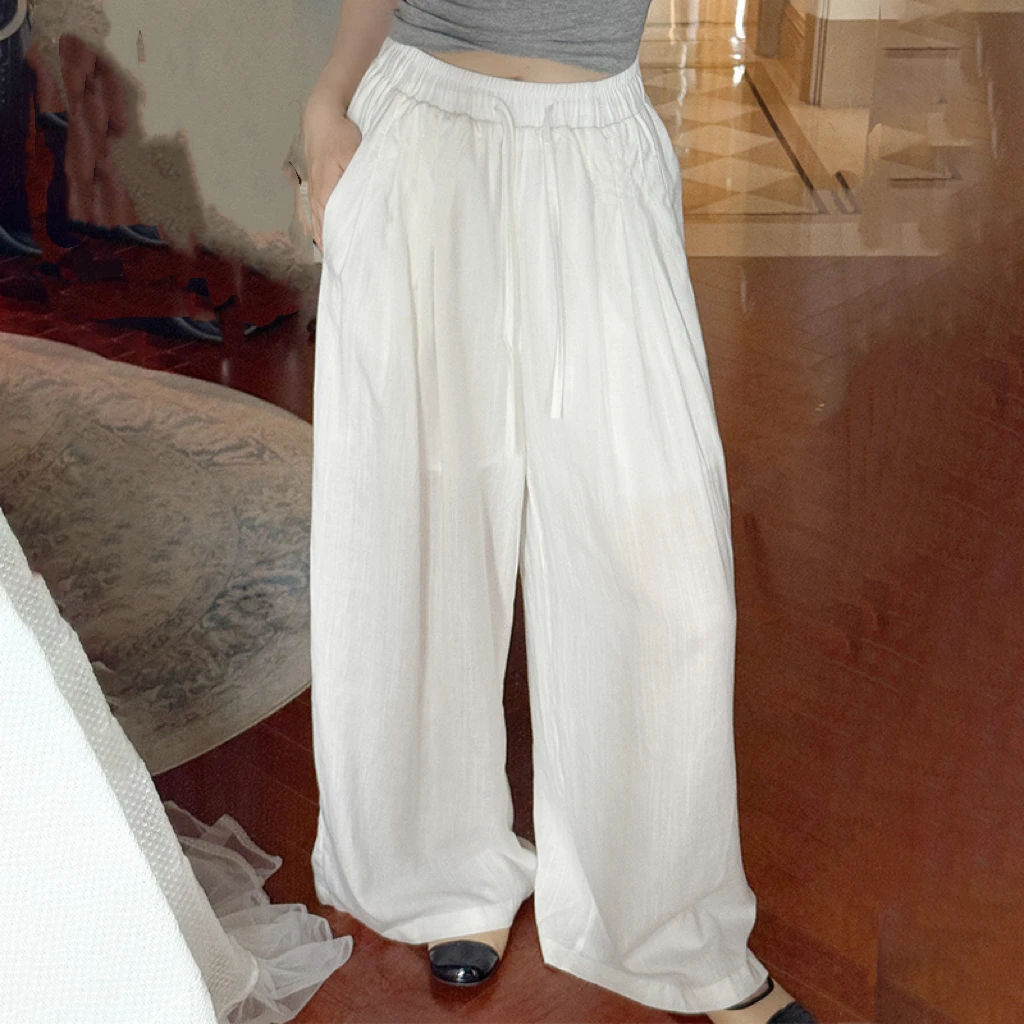 裤子苎麻阔腿松紧腰裙裤百搭舒适透气洋气时髦裤子