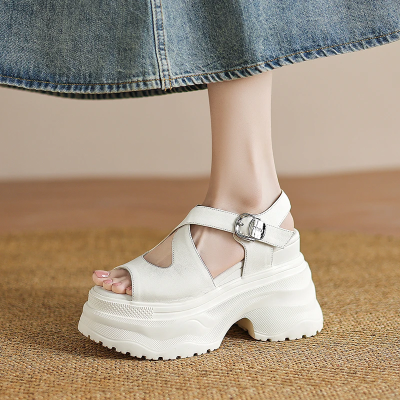 镂空内增高厚底超高跟凉鞋女真皮小个子松糕罗马鞋配裙子2025夏季