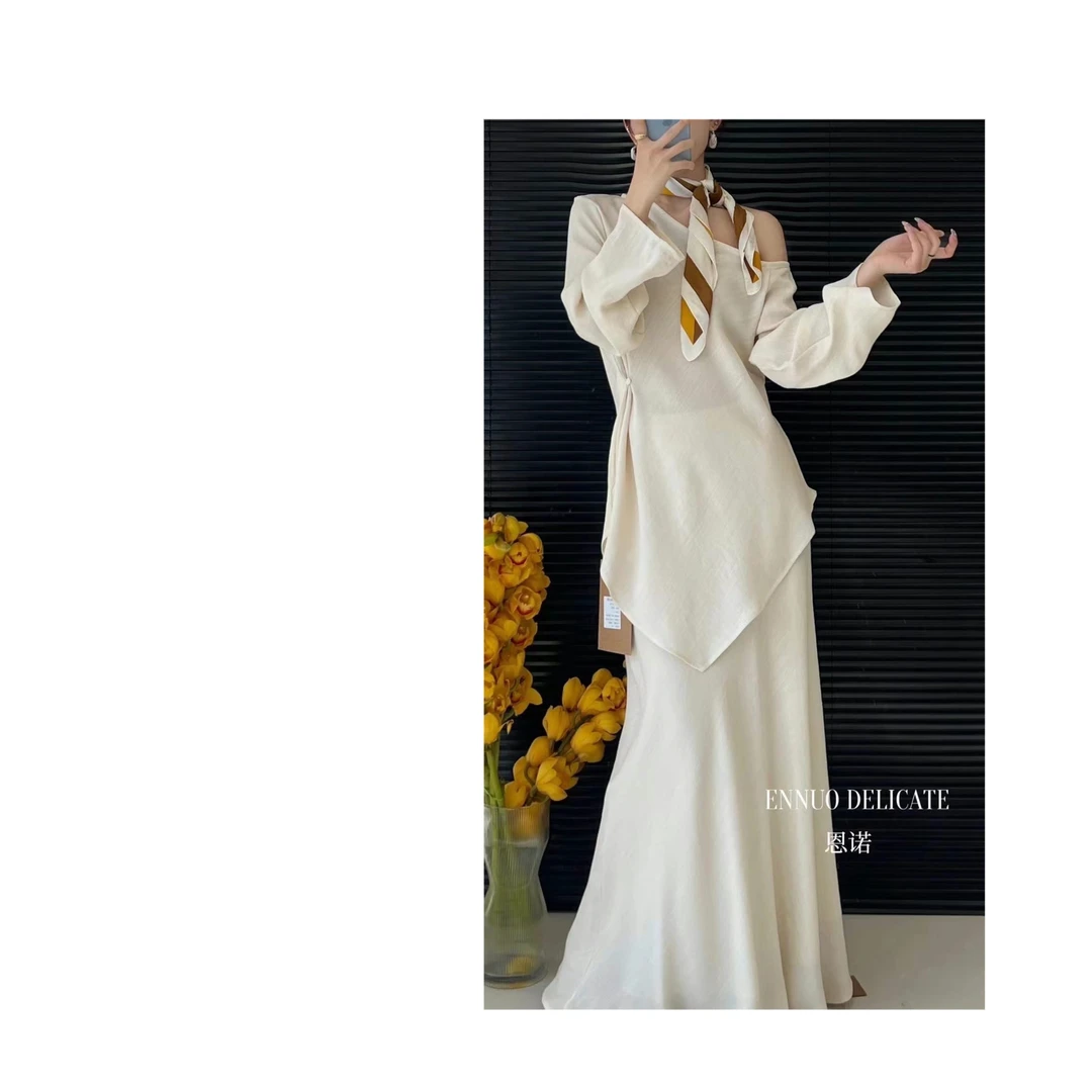 【温柔女主】棉麻斜肩不规则上衣高腰显瘦a字半裙套装