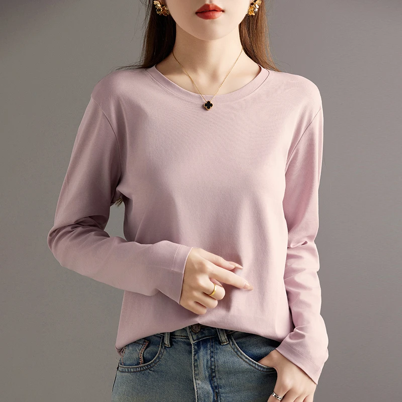 新款丝光棉长袖体恤女圆领100纯棉打底