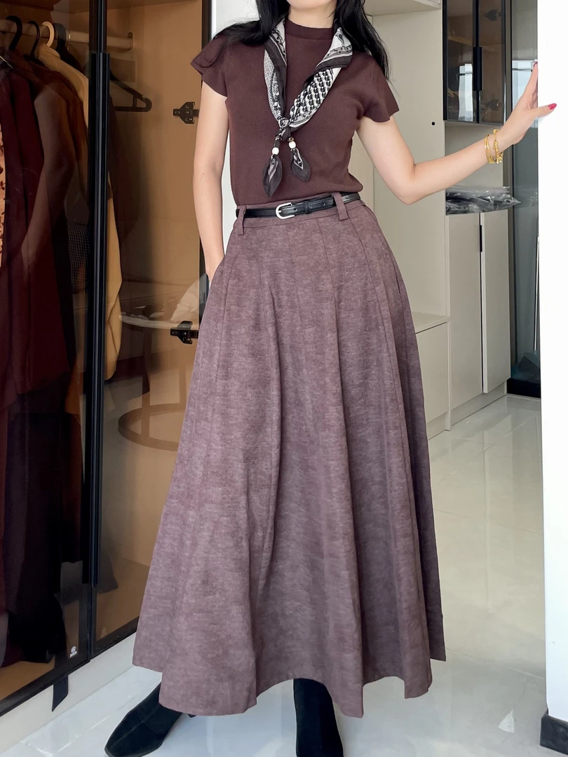 显瘦长裙时尚套装打底衫+腰带丝巾时尚复古四件套套装法式