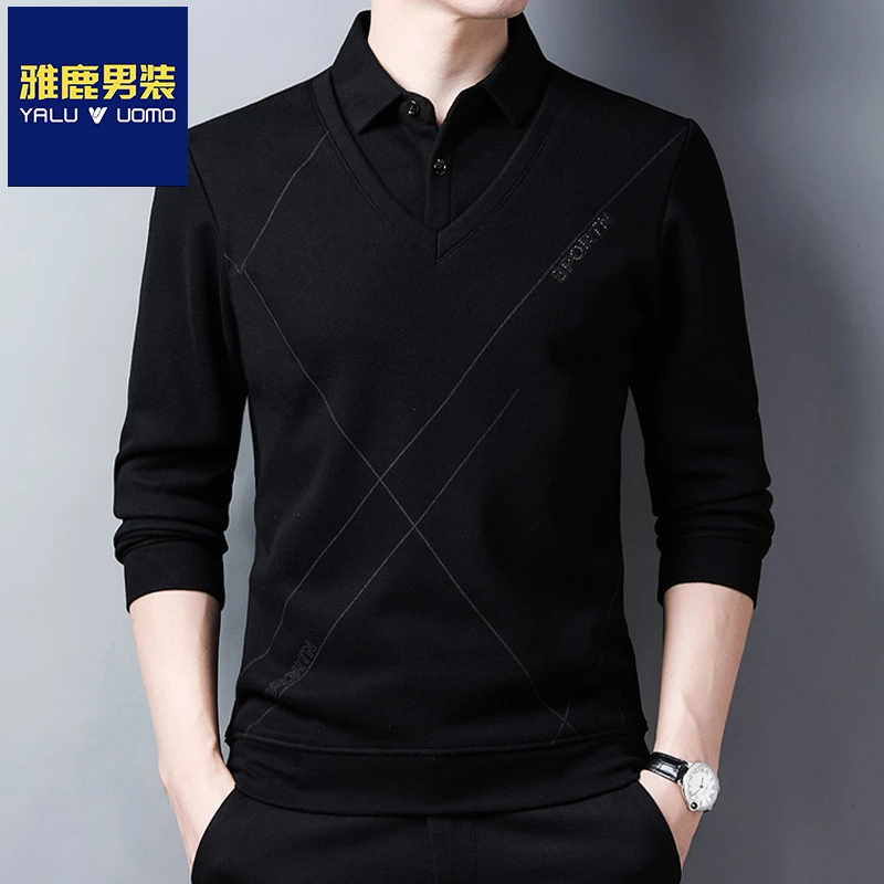 雅鹿男装男士衬衫假两件毛衣男春秋季商务休闲打底衫翻领轻奢上衣