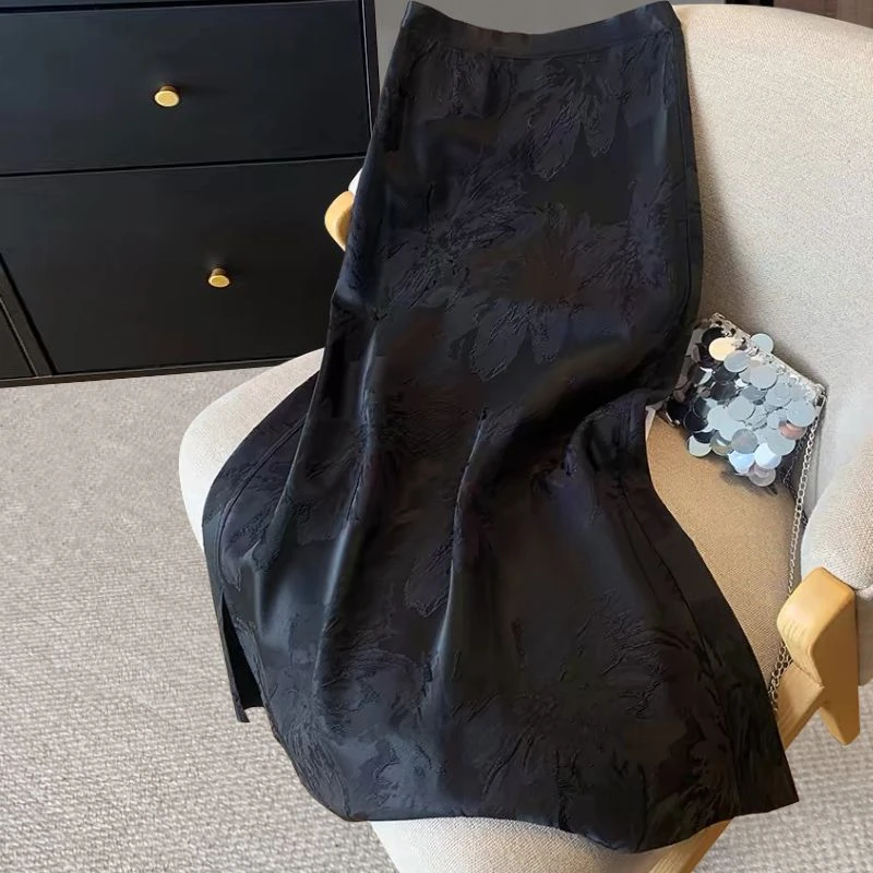 新中式提花半身裙显瘦气质黑色中长款春夏复古通勤 skirt