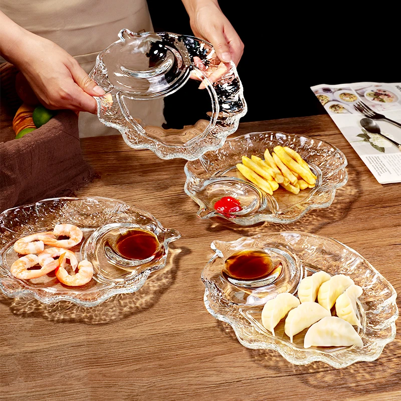 ins风不规则树叶款饺子盘带醋碟家用玻璃水饺盘高颜值专用分隔