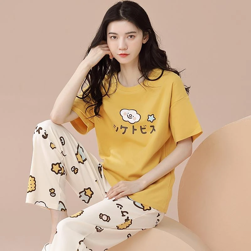 范哲萨睡衣女夏季新款短袖长裤圆领甜美棉家居服套装可