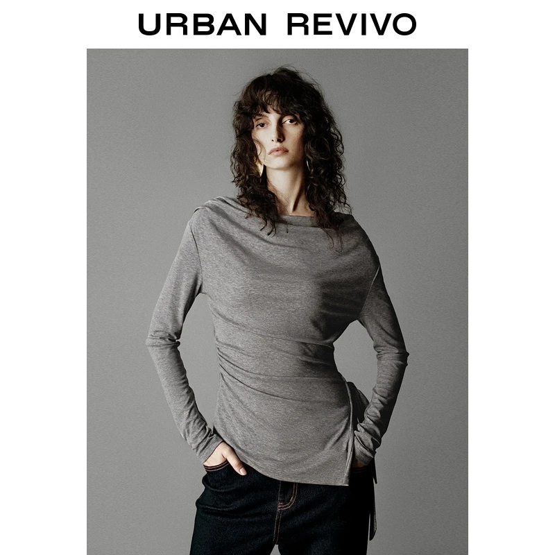 UR2025秋季新款女装格雷系气质荡领绑带长袖T恤UWG450202