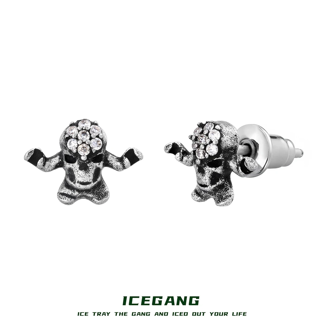 ICEGANG 铜合金莫桑石耳饰 骷髅头莫桑石耳钉S925银针复古做旧