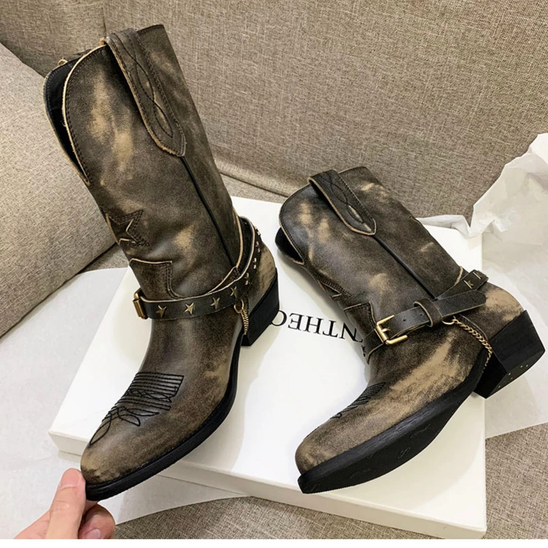新款擦色做旧复古西部牛仔靴真皮铆钉骑士靴废土风粗跟