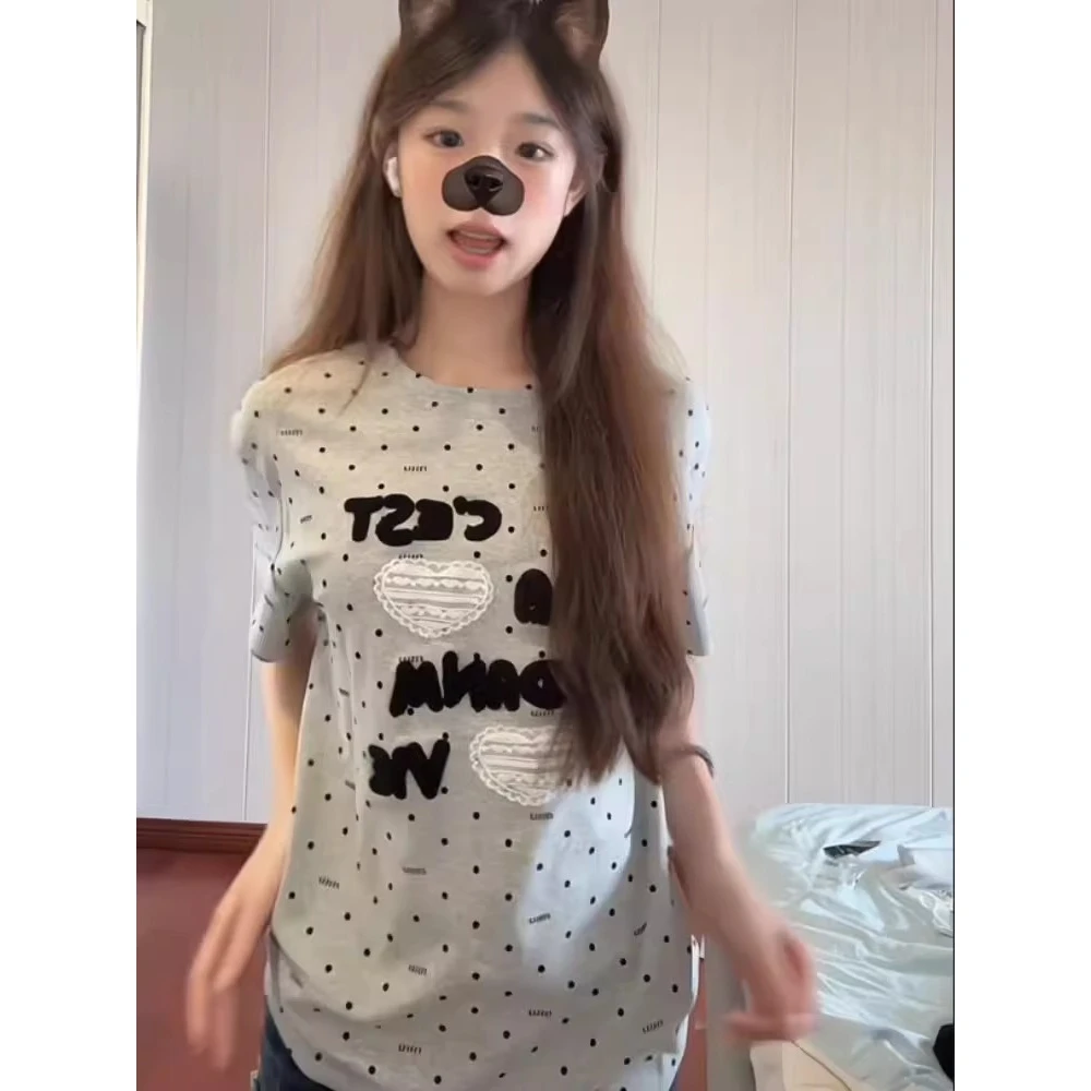 美式复古波点字母刺绣短袖t恤女纯棉宽松小众设计感清纯百搭上衣