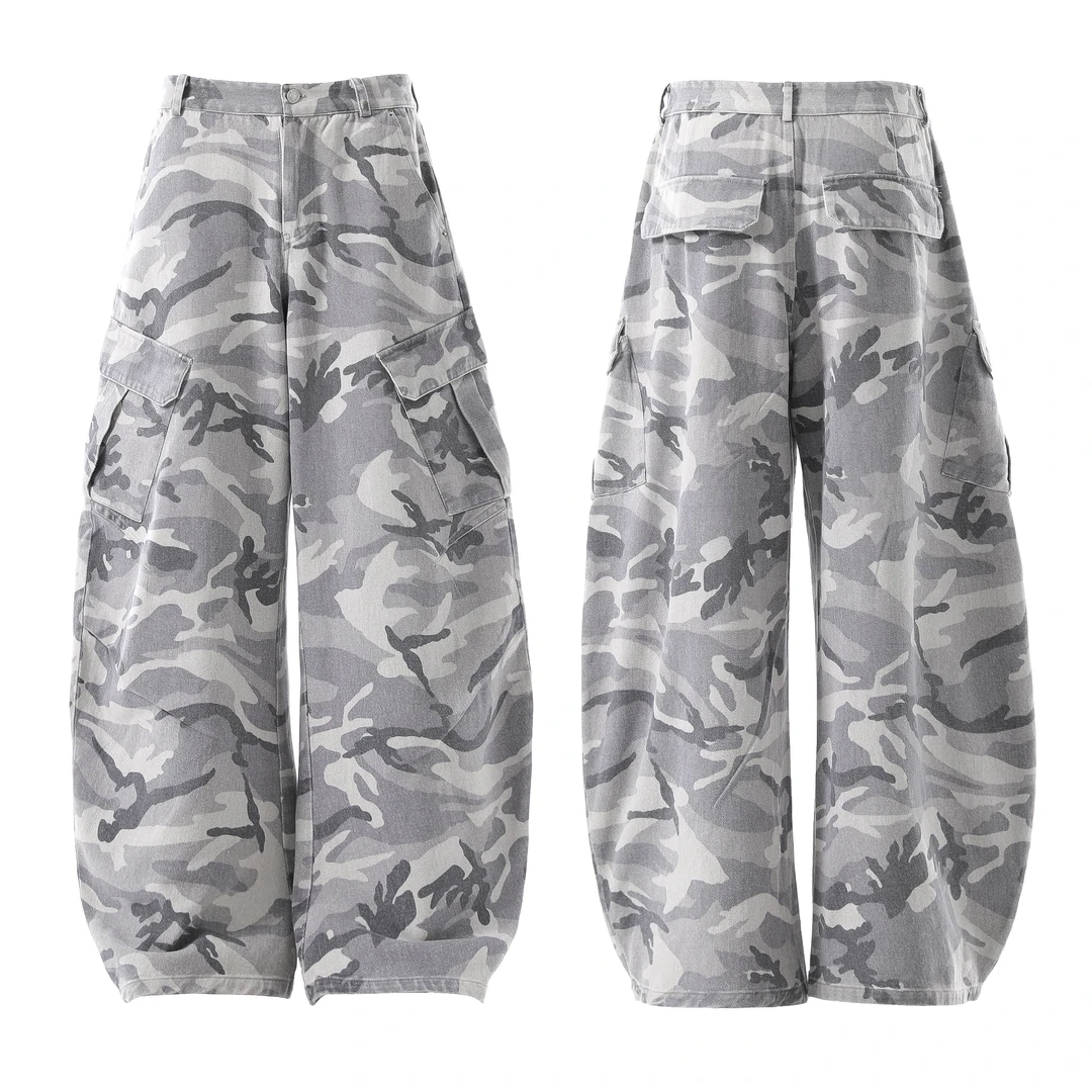 Bo’sClub美式复古白灰雪地迷彩工装裤男街头阔腿宽松弯刀休闲裤女