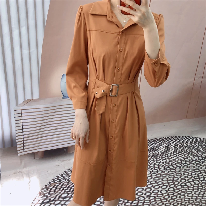 356清L1春秋汉派韩版时尚气质纯色翻领显瘦中长衬衣连衣裙