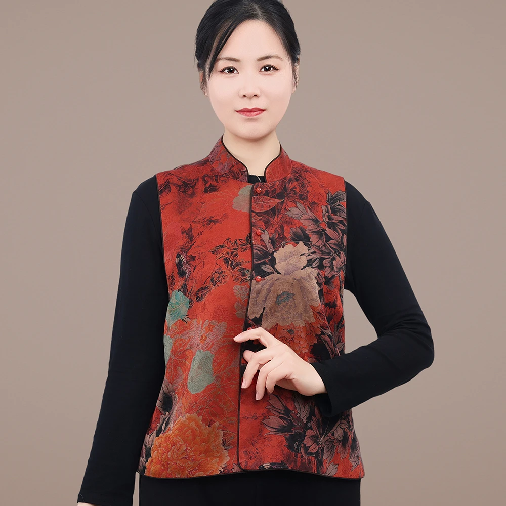 双面复古春夏香云纱马甲花萝香云纱马夹唐装立领常规民族风马夹