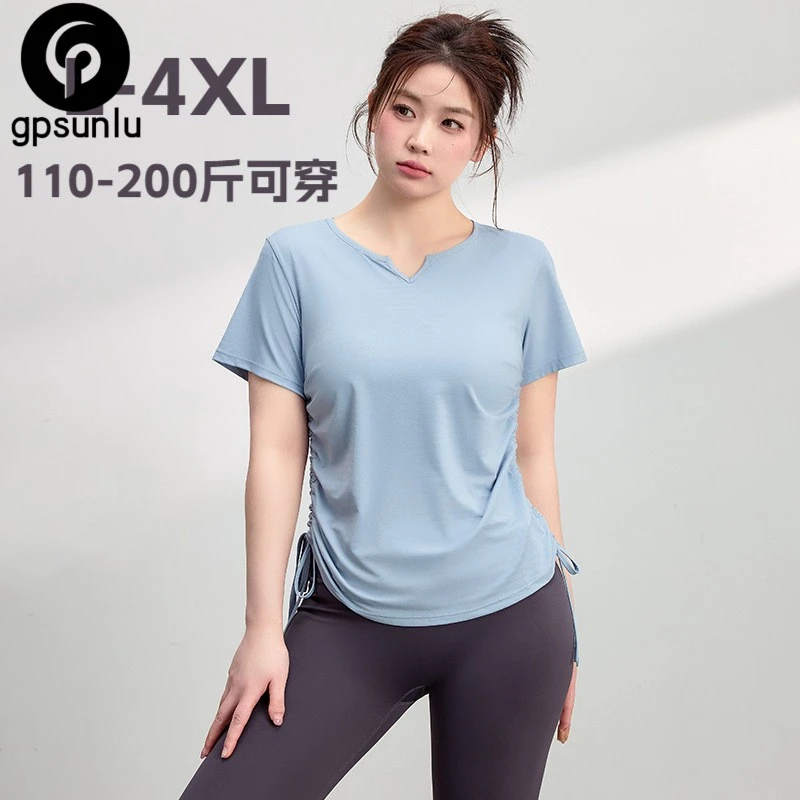 GPSUNLU胖mm大码透气凉感速干运动健身显瘦瑜伽服女短袖上衣抽绳t